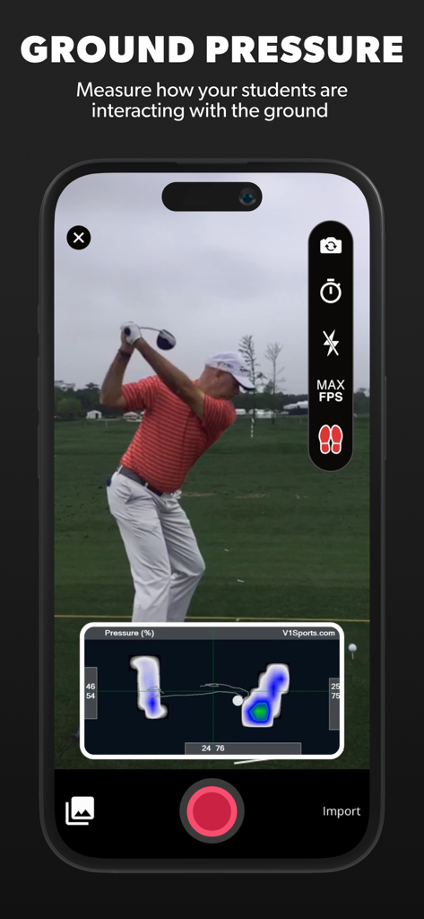 V1 Coach: Video Analysis App - Interfaz de la aplicación V1 Coach mostrando un swing de golf con una superposición de mapa de calor de presión del suelo.