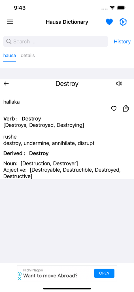 Interface do Smart Hausa Dictionary mostrando a tradução da palavra destroy com sinônimos e formas derivadas