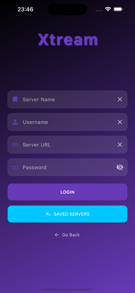 Login screen for Xtream IPTV service with fields for server name, username, URL, and password