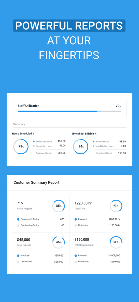 Avaza mobile app dashboard showing staff utilization and customer summary reports