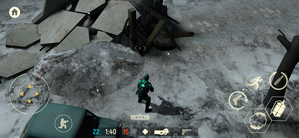 Top down view of a soldier in a snowy combat zone with destructible environment in Tacticool.