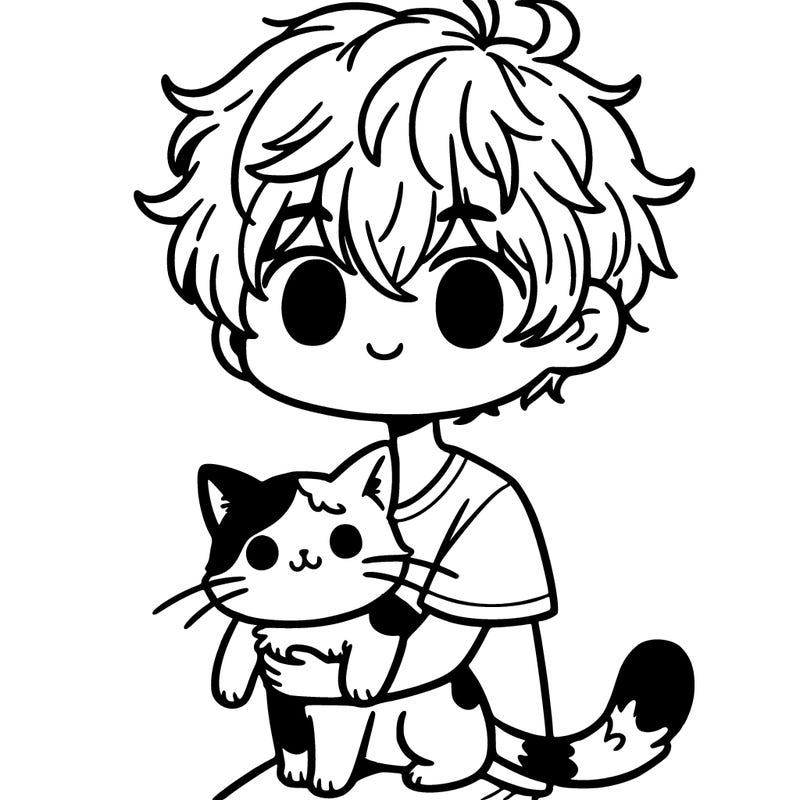 a boy with messy brown hair holding a calico cat