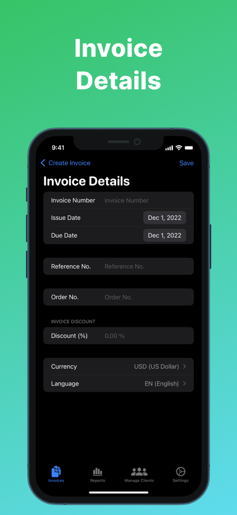 An iPhone display showing the Invoice Details setup page with options for invoice number dates discounts currency and language
