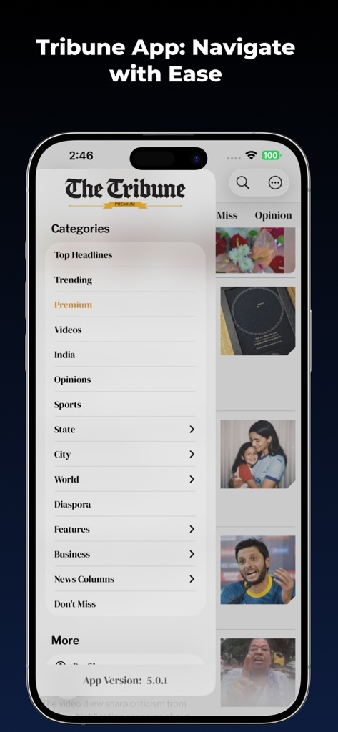 The Tribune - The Tribune app navigation menu showing news categories like India World and Diaspora