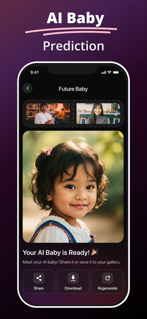 MePic - AI Photo Generator - Interfaz de la aplicación MePic mostrando la función de predicción de futuro bebé con IA con fotos de los padres y la imagen del niño generado