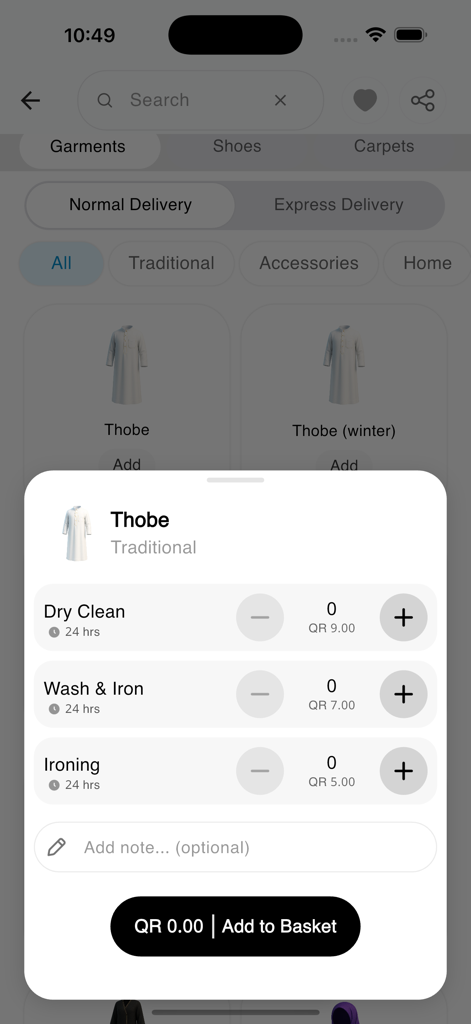 Cleano | كلينو - Cleano app interface showing laundry service options for a Thobe including dry clean and ironing.