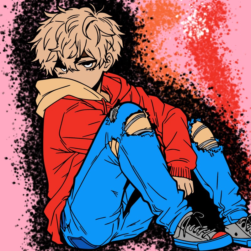a male hoddie ripped jeans messy hair anime