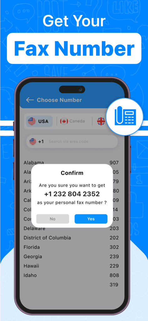Fax From iPhone :Send iFax App - 個人用米国FAX番号の選択と確認を表示するスマートフォンの画面