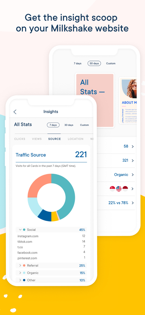 Milkshake — Website Builder - Dashboard Insights dell'app Milkshake che mostra analisi delle fonti di traffico e statistiche sui visitatori