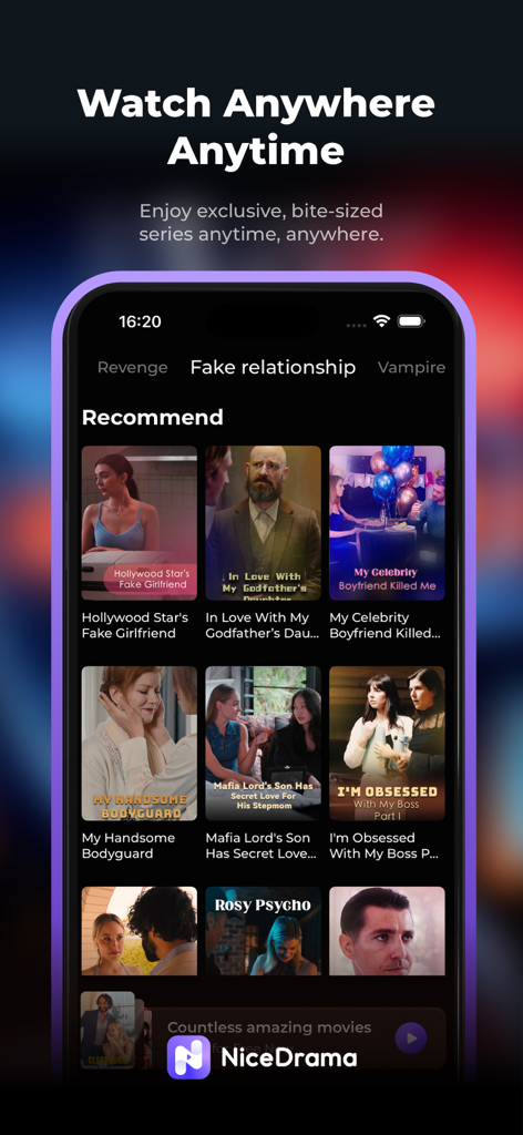 NiceDrama - Interfaccia dell'app NiceDrama su smartphone che mostra serie drammatiche brevi consigliate con titoli come Fake Relationship e Revenge