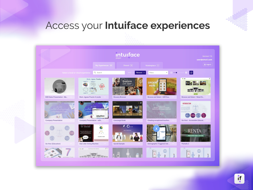 Intuiface Player app interface showing a grid of interactive digital experiences for business use on an iPad