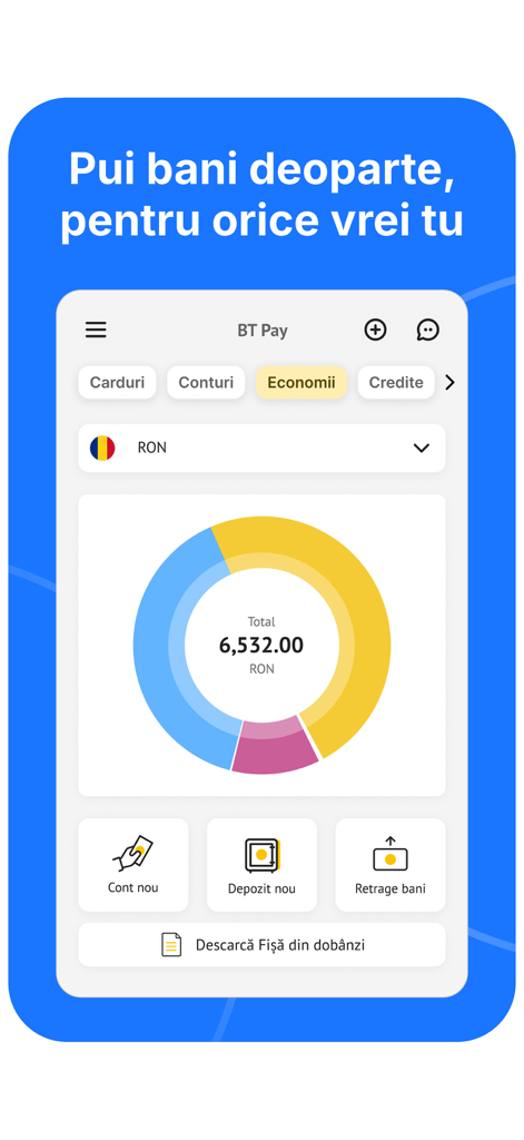 BT Pay mobile app interface showing a savings account overview in RON with a colorful donut chart and options for deposits and withdrawals