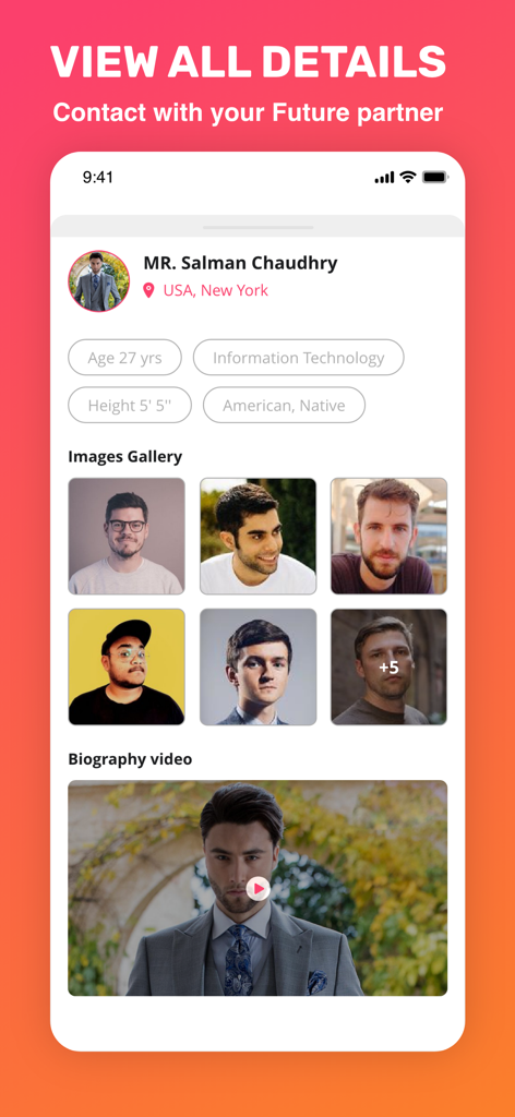 A detailed user profile on the Nikkah matrimony app showing personal information and a photo gallery.