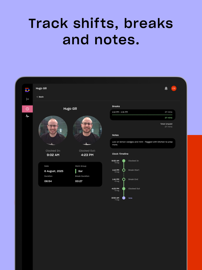 Schermata dell'iPad che mostra la cronologia dei turni dei dipendenti con foto di entrata/uscita e timeline delle pause