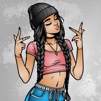 realistic teenage girl with braids and a beanie and crop top doing 🫶🏼
