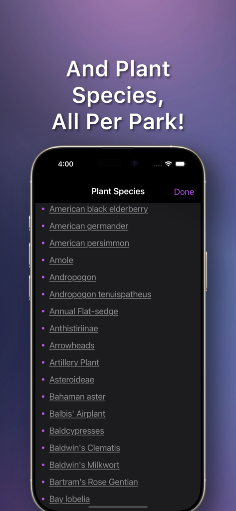 FL Parks: Map & Guide - A mobile screen from the FL Parks app displaying a comprehensive list of plant species found in a park