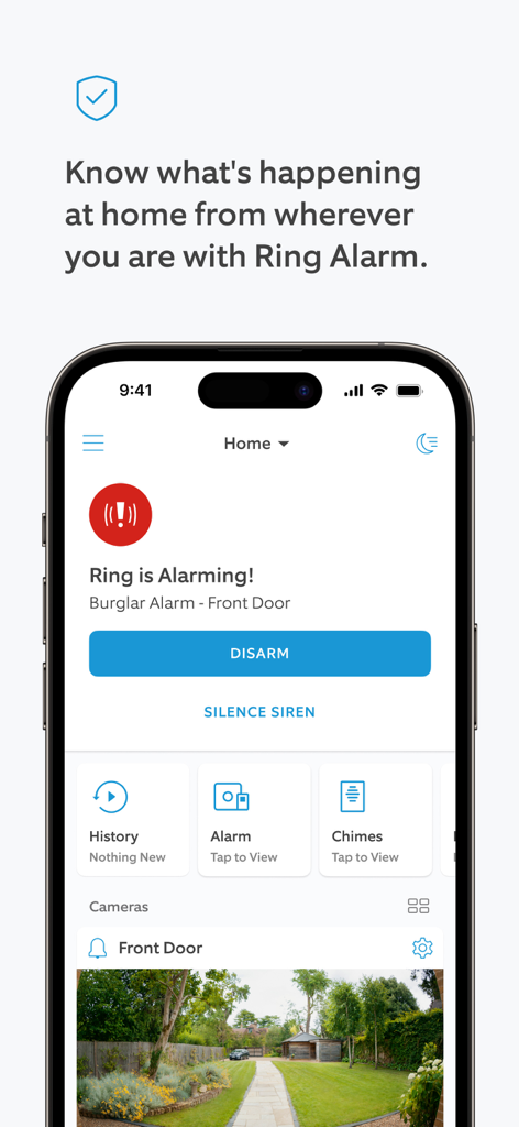 Ring app interface showing a home alarm alert and live camera feed