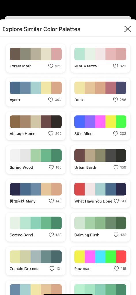 Doodle Goods: Coloring Book - A selection of curated color palettes with aesthetic names and like counts in the Doodle Goods app