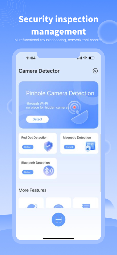 Hidden Camera Detector &Finder - 隠しカメラ検出アプリのメインインターフェイス。ピンホールカメラ、赤点、磁気検出ツールが表示されています。