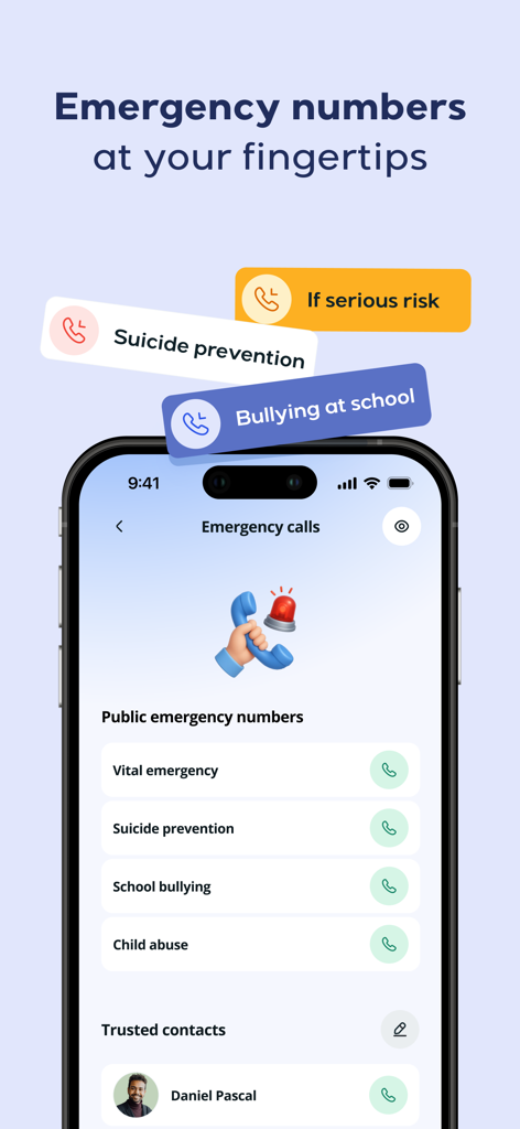 Lyynk app interface for emergency calls featuring public emergency numbers and trusted contacts