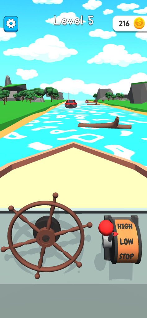 A first person view of a boat steering wheel and throttle in Hyper Boat gameplay
