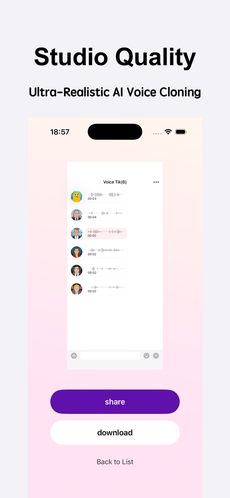 Voice Tik: AI Voice Changer - Voice Tik app interface showing ultra realistic AI voice cloning and sharing options