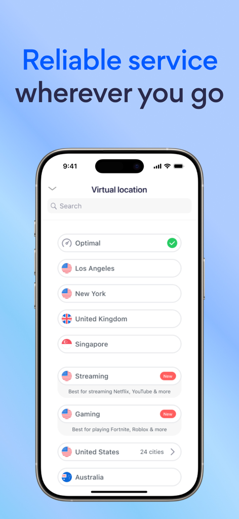Betternet VPN app interface showing a list of virtual server locations with optimized modes for streaming and gaming