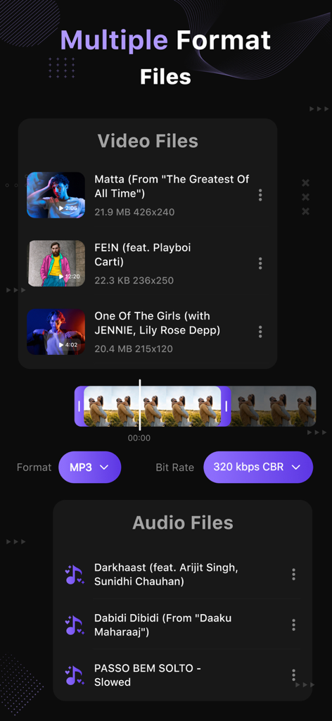 Video to MP3 Converter ™ - Interfaccia mobile di un convertitore da video a MP3 che mostra l'estrazione di file video e impostazioni di bitrate audio di alta qualità.