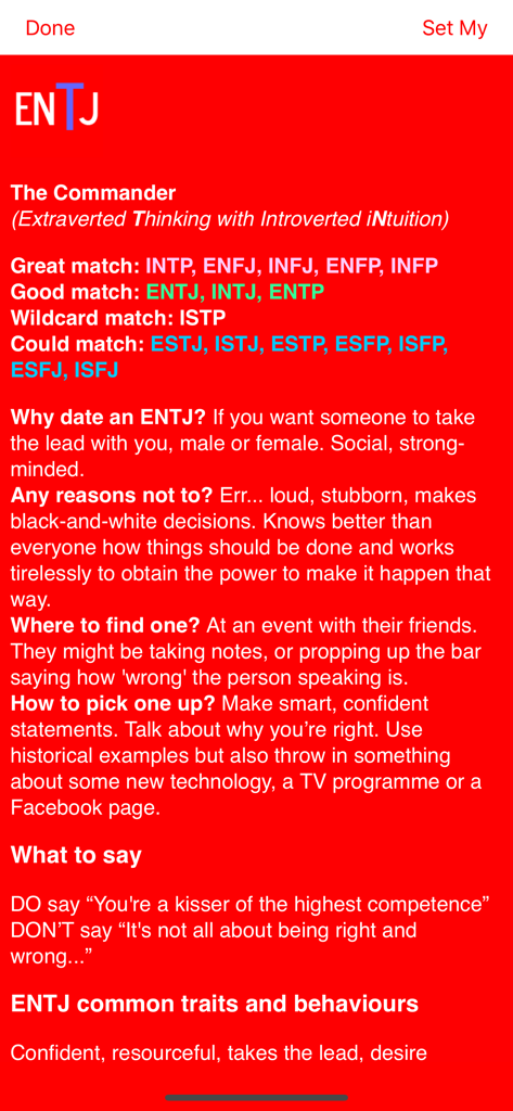 ENTJ personality profile screen showing compatibility matches and dating tips