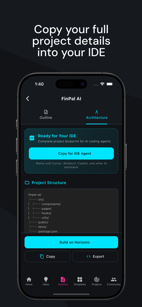 Vibe Coding Toolkit - Aplicativo Vibe Coding Toolkit exibindo detalhes da arquitetura do projeto e um botão de cópia para agentes de codificação de IA.