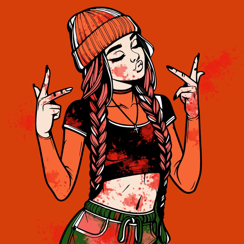 realistic teenage girl with braids and a beanie and crop top doing 🫶🏼