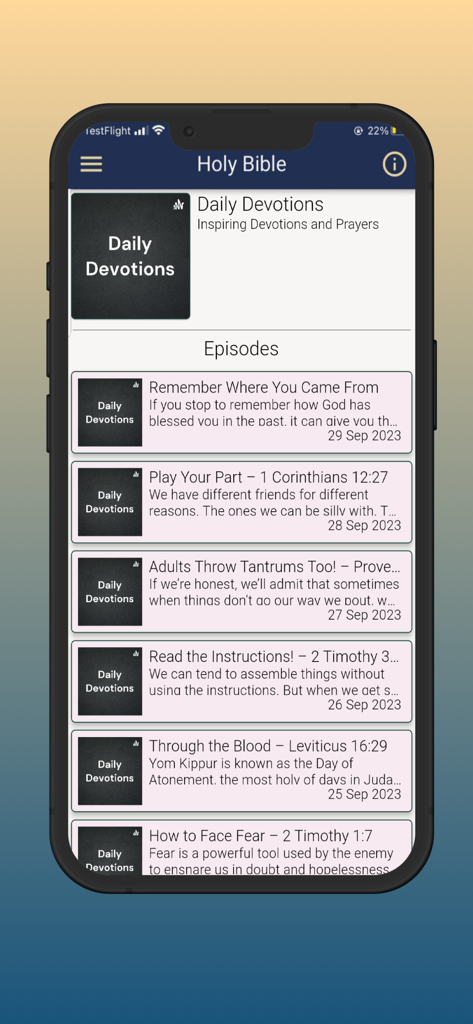 Bible: with study tools - Smartphone screen displaying a list of daily Bible devotion episodes with scripture references and inspirational titles
