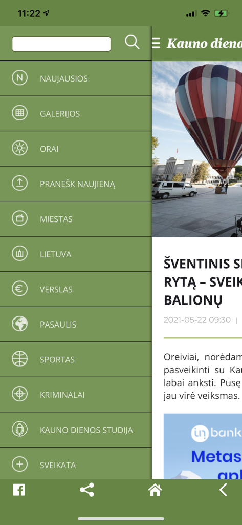 Kauno diena mobile news app showing a side navigation menu with sections for city business and sports