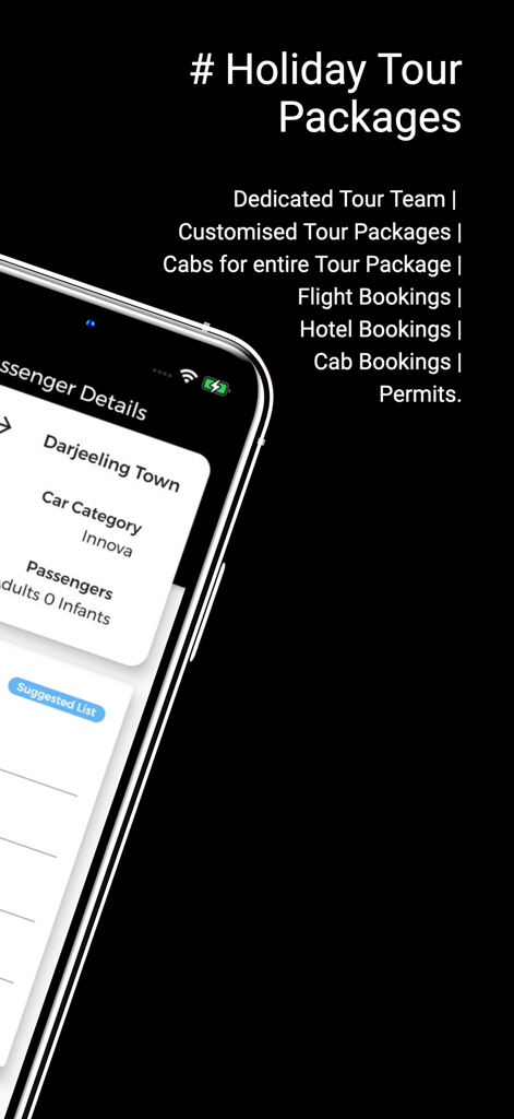 Wizzride - Wizzride app interface showcasing holiday tour package options including cab and hotel bookings