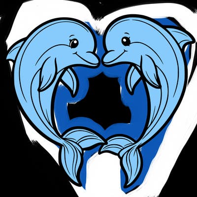 a pair of dolphins swimming together, creating a heart shape with their tails.