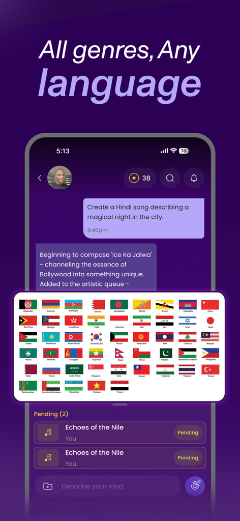 Song GPT mobile app interface showing AI song generation in different languages with a grid of national flags