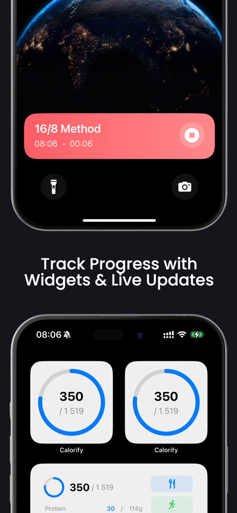 Avokado - AI Calorie Tracker - L'app Avokado mostra widget per il timer del digiuno intermittente e il progresso del tracciamento delle calorie su iPhone