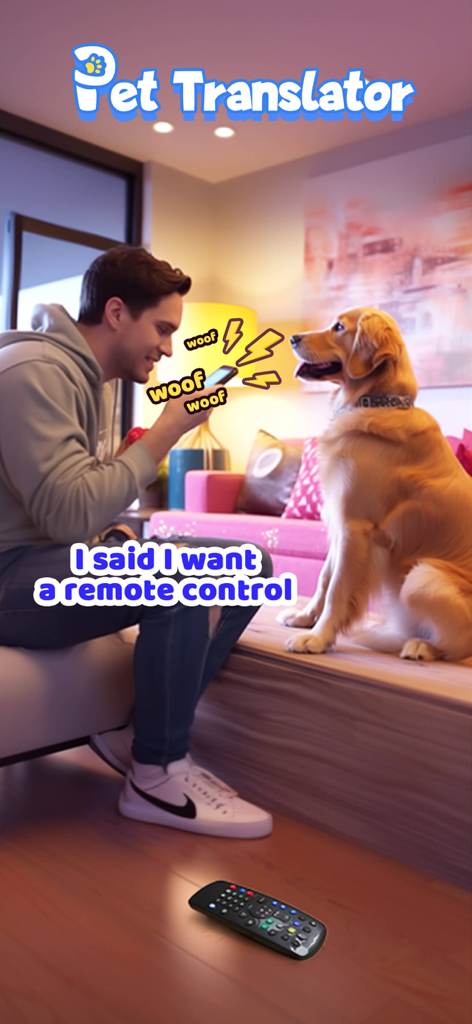 A man using the PawsTalk app to translate his golden retriever's barks into a humorous message about a remote control