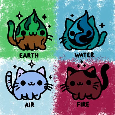 4 cats that represent the different elements, earth, water, air, and fire