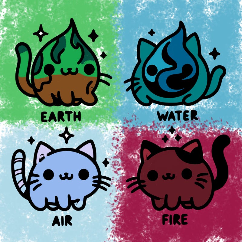 4 cats that represent the different elements, earth, water, air, and fire