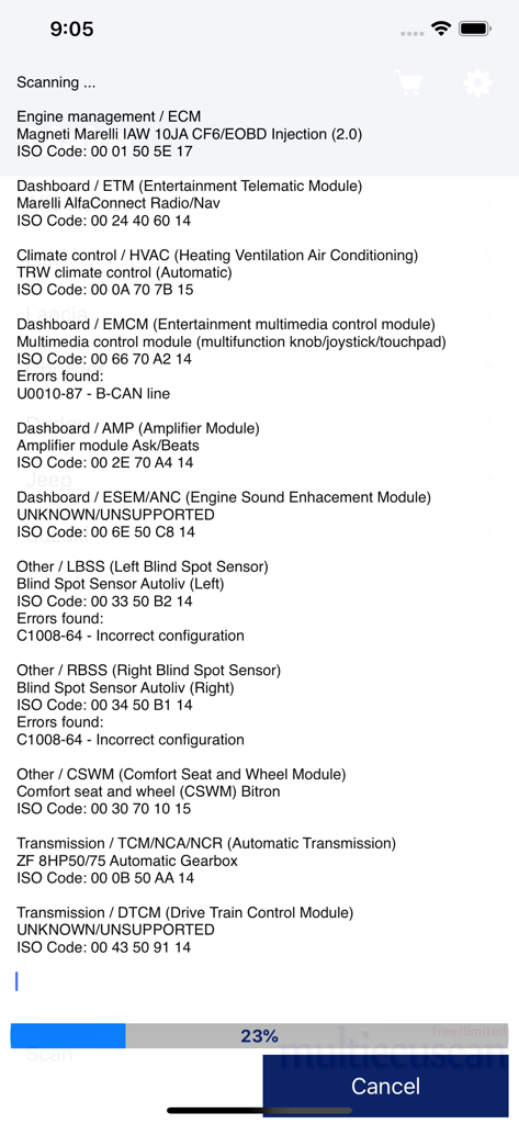 Multiecuscan app interface showing a list of scanned vehicle modules with detected error codes and a progress bar