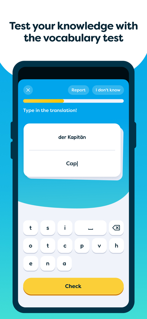 Smartphone-Bildschirm, der einen Vokabeltest in der cabuu-App mit einem deutschen Wort und einer Übersetzungs-Eingabe anzeigt.