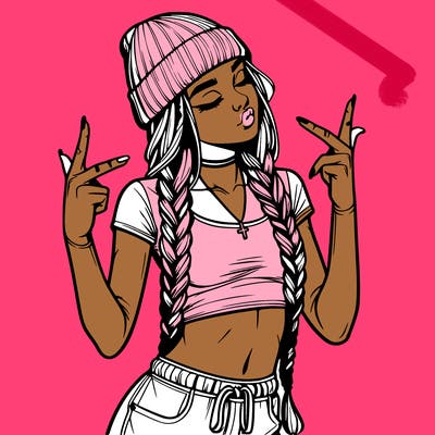 realistic teenage girl with braids and a beanie and crop top doing 🫶🏼