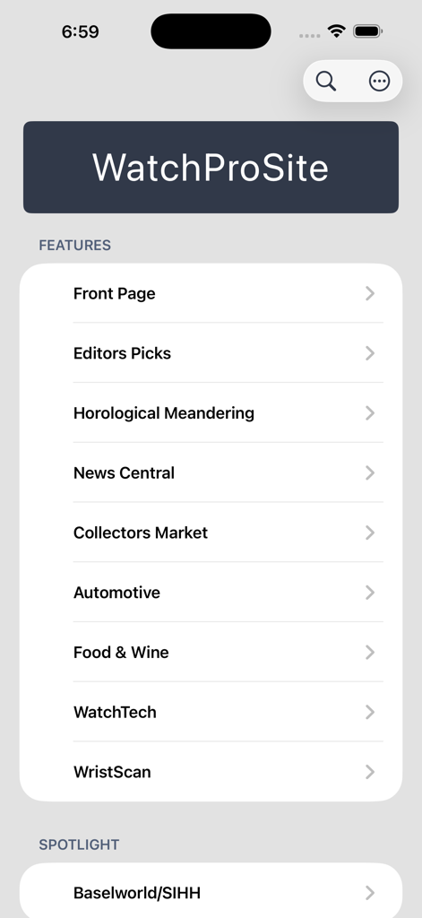 WatchProSite - WatchProSite mobile app menu showing feature categories like Front Page, Collectors Market, and Horological Meandering