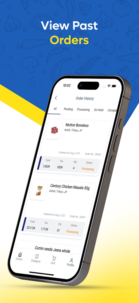 Pantalla de historial de pedidos en la aplicación Mini Nepal Shopping.