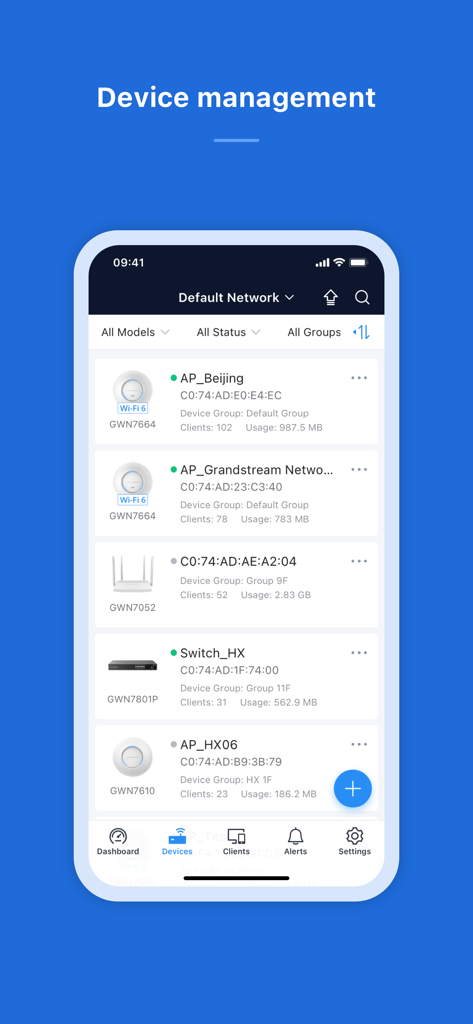 Interfaz de gestión de dispositivos de la aplicación GWN que muestra una lista de hardware de red, incluidos puntos de acceso y switches, con su estado.