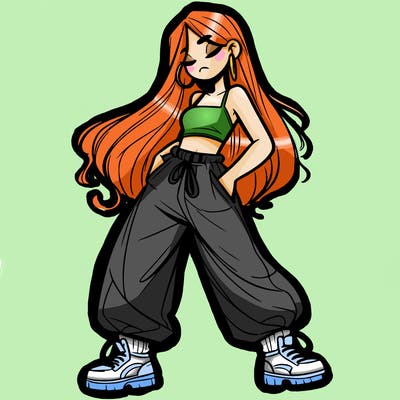 girl in baggy pants crop top and long hair