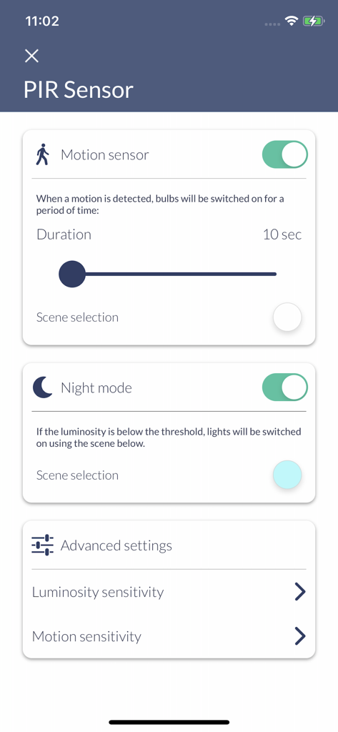 PIR sensor settings menu in the AwoX HomeControl app featuring motion detection and night mode options