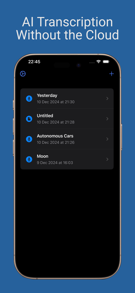 Nasu - Voice Notes - Nasu app interface showing local AI transcription and a list of voice recordings