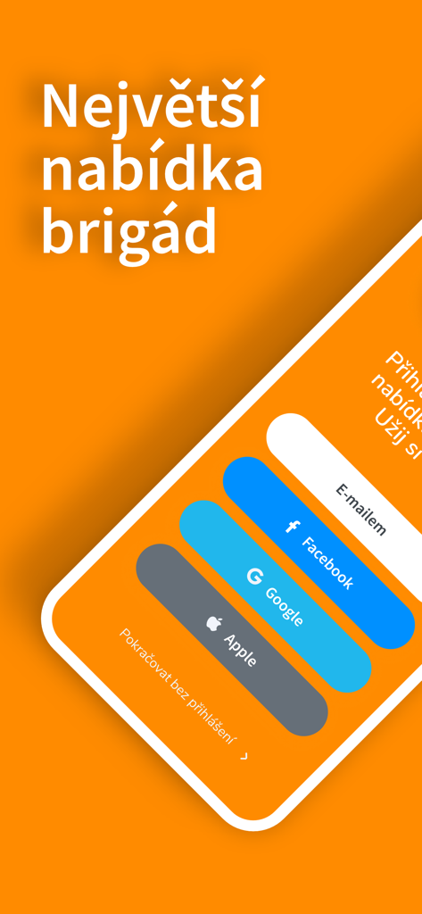 Fajn brigády - Fajn brigady app login screen with social sign-in buttons for part-time job seekers